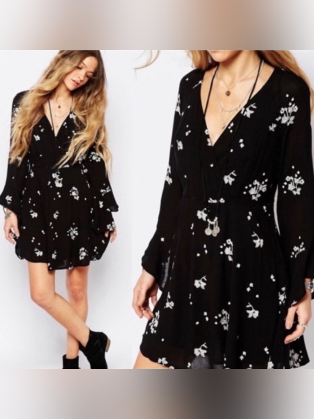 Free People Floral V-Neck Long Sleeve Mini Dress Size 4